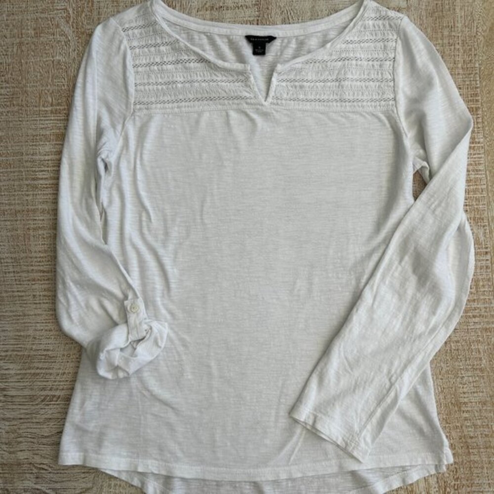 Ann Taylor White Long Sleeve Roll-Tab T-Shirt Top 100% Cotton Size Small